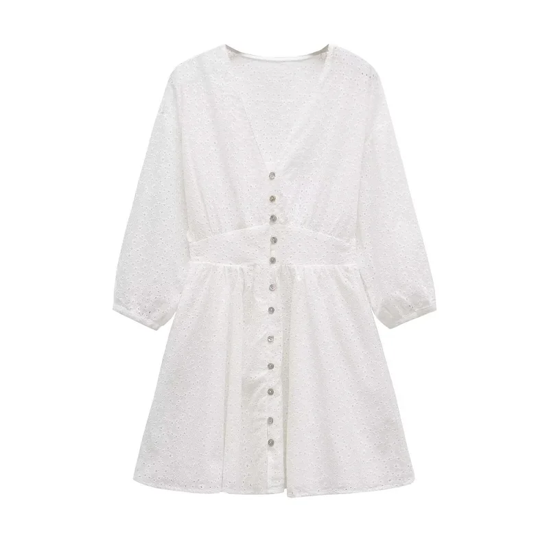 LIBIELIY Primavera Feminina Elegante Moda Estilo de Férias Algodão Recorte Bordado Cintura Com Decote Em V Mini Vestido