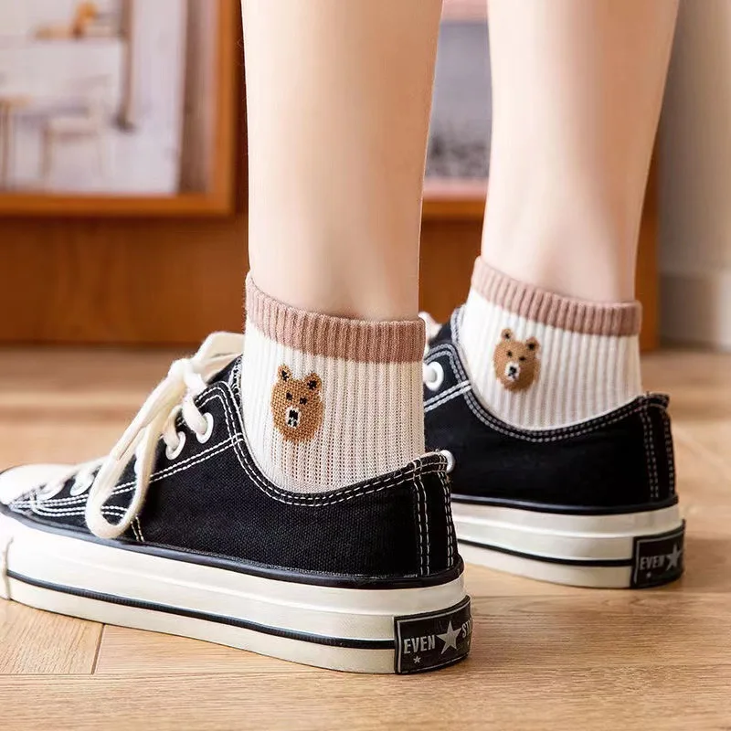 5 Pairs Low Tube Women Socks Set Striped Bear Pattern Cute Bear for Women Fashion Style Casual Comfortable for Famle Niche