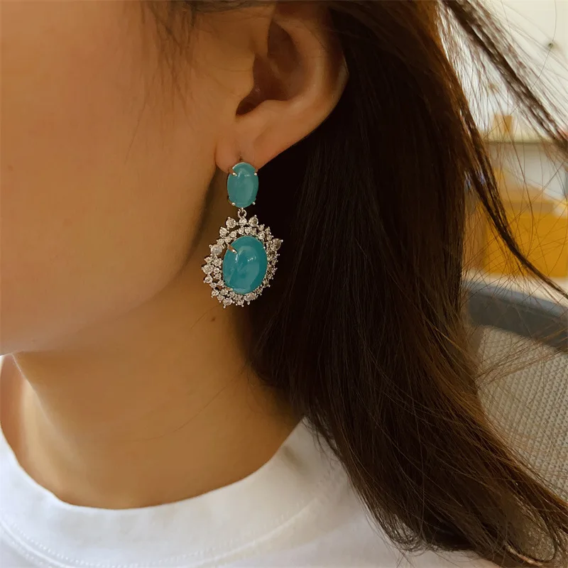 Women Blue glazed beadstone gem-set earrings