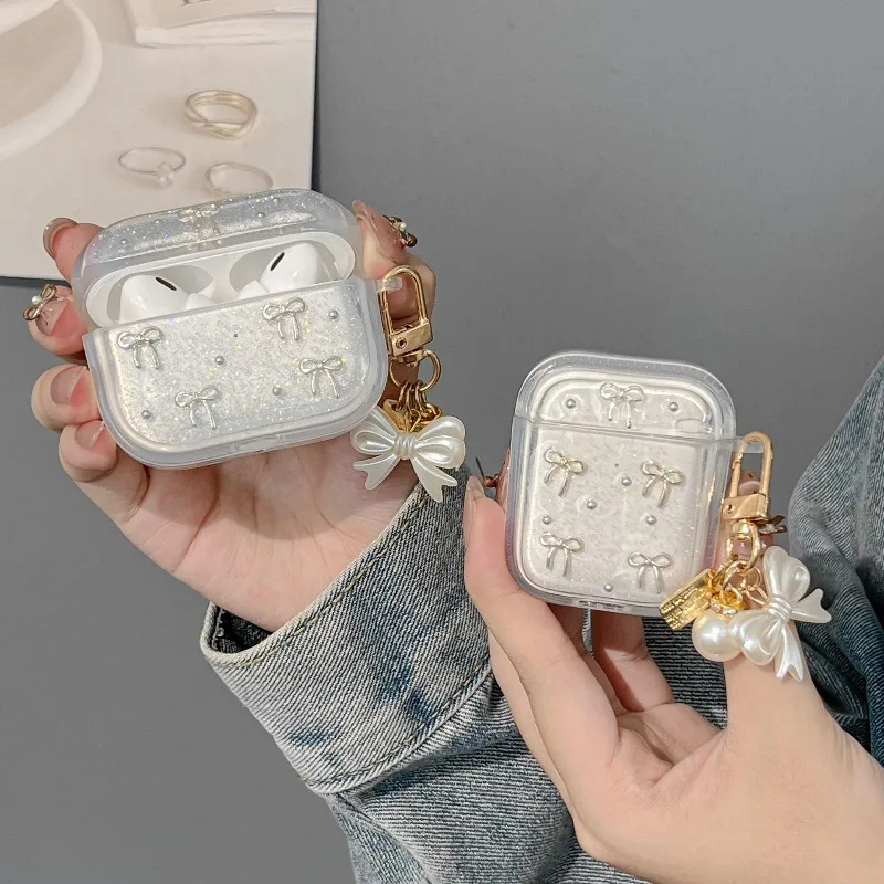 Custodia protettiva morbida per AirPods trasparente con fiocco carino e ciondolo per AirPods 1/2/3/4 Pro/Pro 2/Pro 3