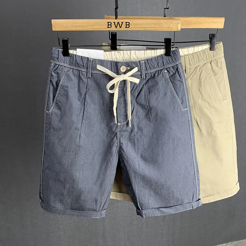 2024 Summer New Casual Vintage Men Thin Trend All-match Loose Solid Color Pocket Large Size Elastic Waist Pure Cotton Shorts