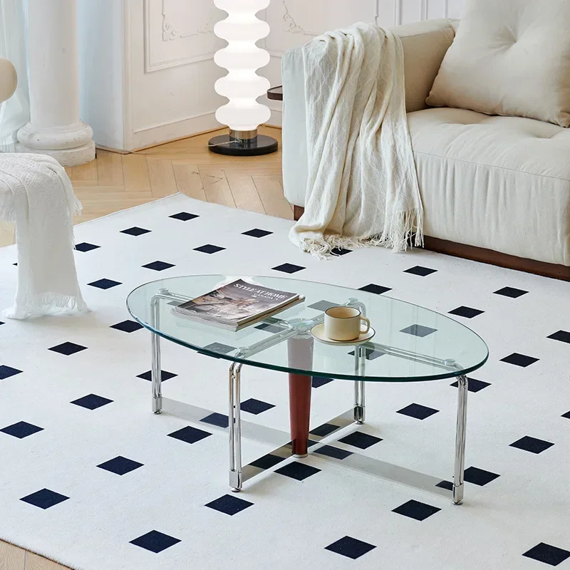 

#For Ancient style simple tempered glass table small apartment living room transparent oval sofa side table