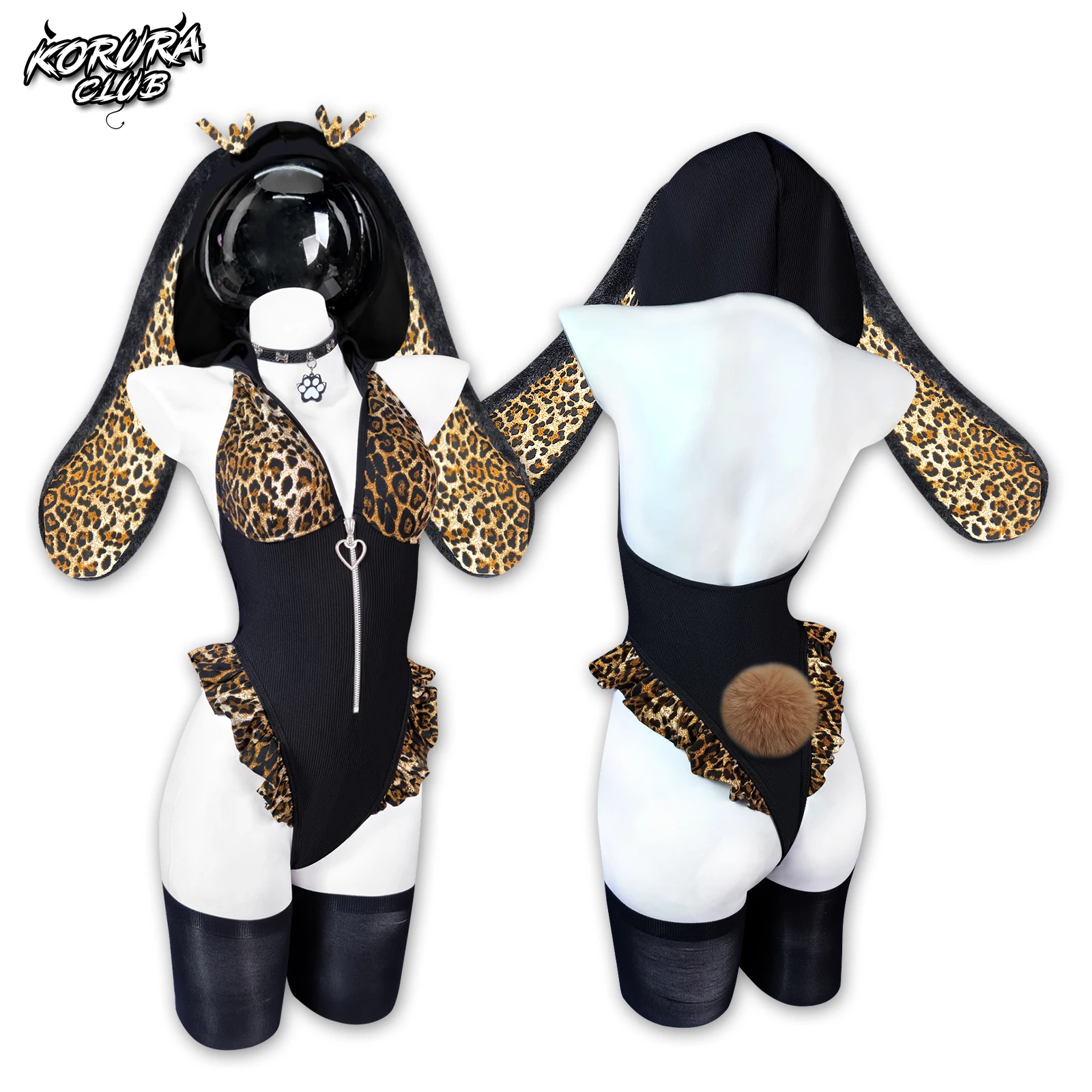 KORURACLUB Women's Cute home pajamas Bunny jumpsuit zipper Knitted bubble long sleeves Plush bunny tail cosplay costume