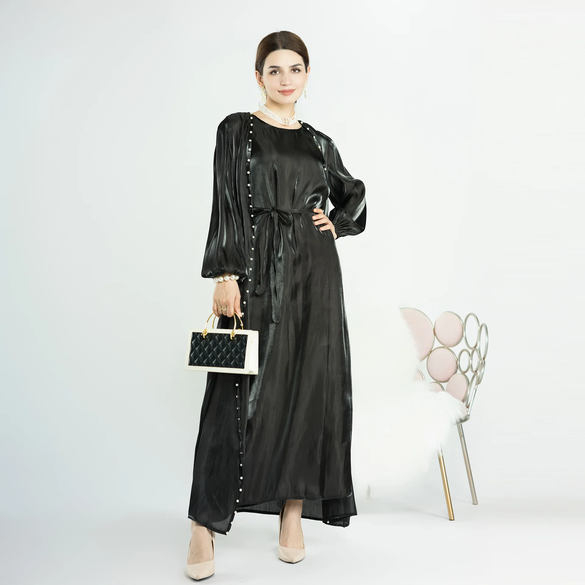 Cardigan perlé Abayas manches bouffantes ensemble musulman femmes robe Maxi à manches longues et robe d'été sans manches Musulman taille haute 2ps
