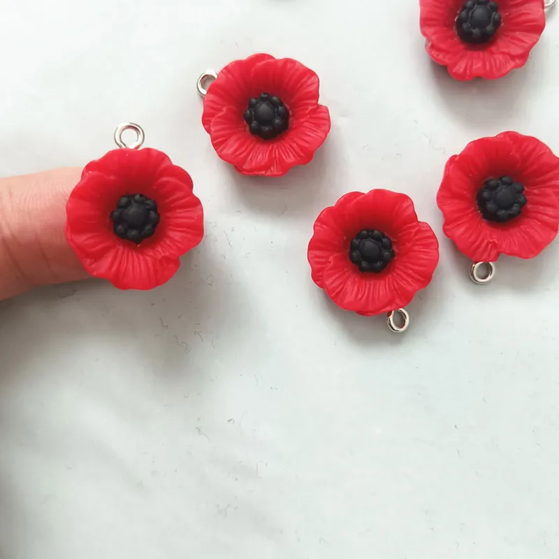 10Pcs  red poppy flower pendant 19MM Medium Poppy Flower charms for necklace earrings DIY jewelry pendant accessories