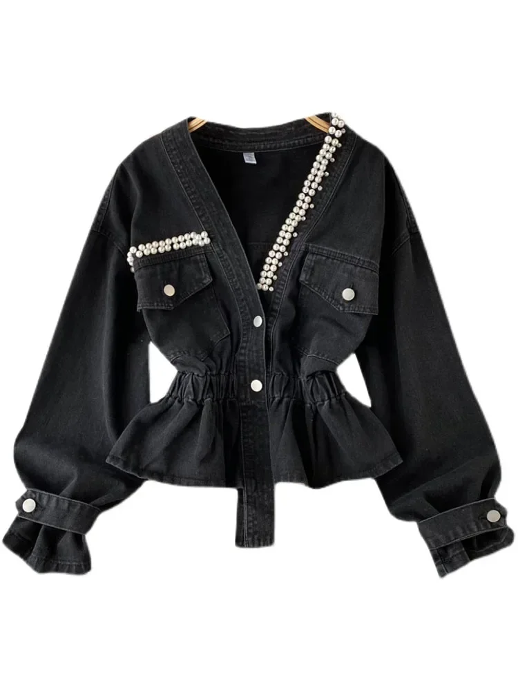 Fall 2024 New Retro Denim Jacket Coat Female Temperament V-neck Single-breasted Beaded Waist Slim Crop Top KK1333