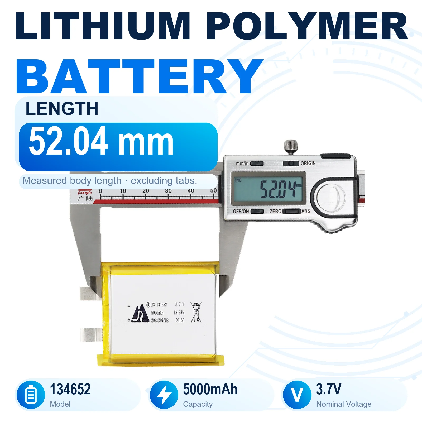 134652 3.7V 5000mAh Rechargeable LiPo Battery 13x46x52mm Lithium Polymer Pouch Cell with Flat Metal Tabs