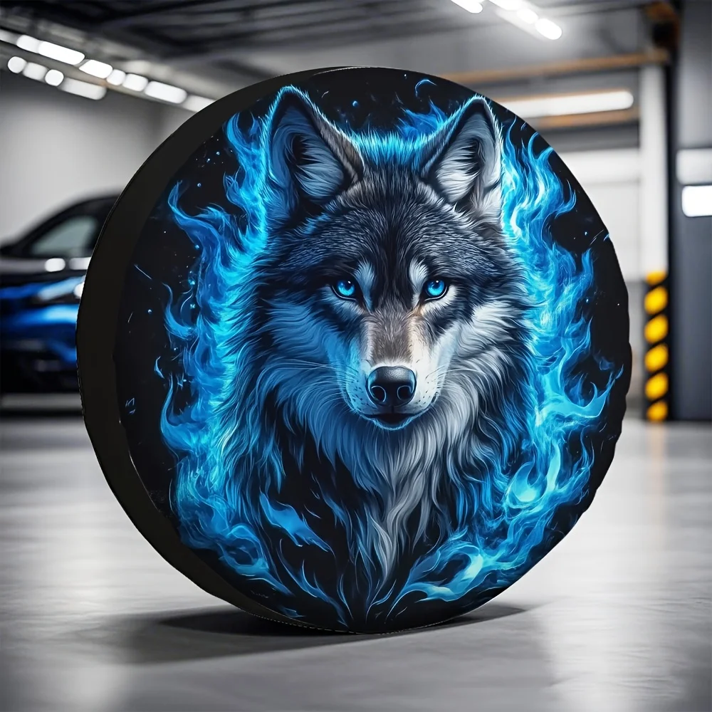 Cubierta de neumático Blue Flame Wolf, Protector de rueda de repuesto de poliéster duradero para RV, ajuste Universal