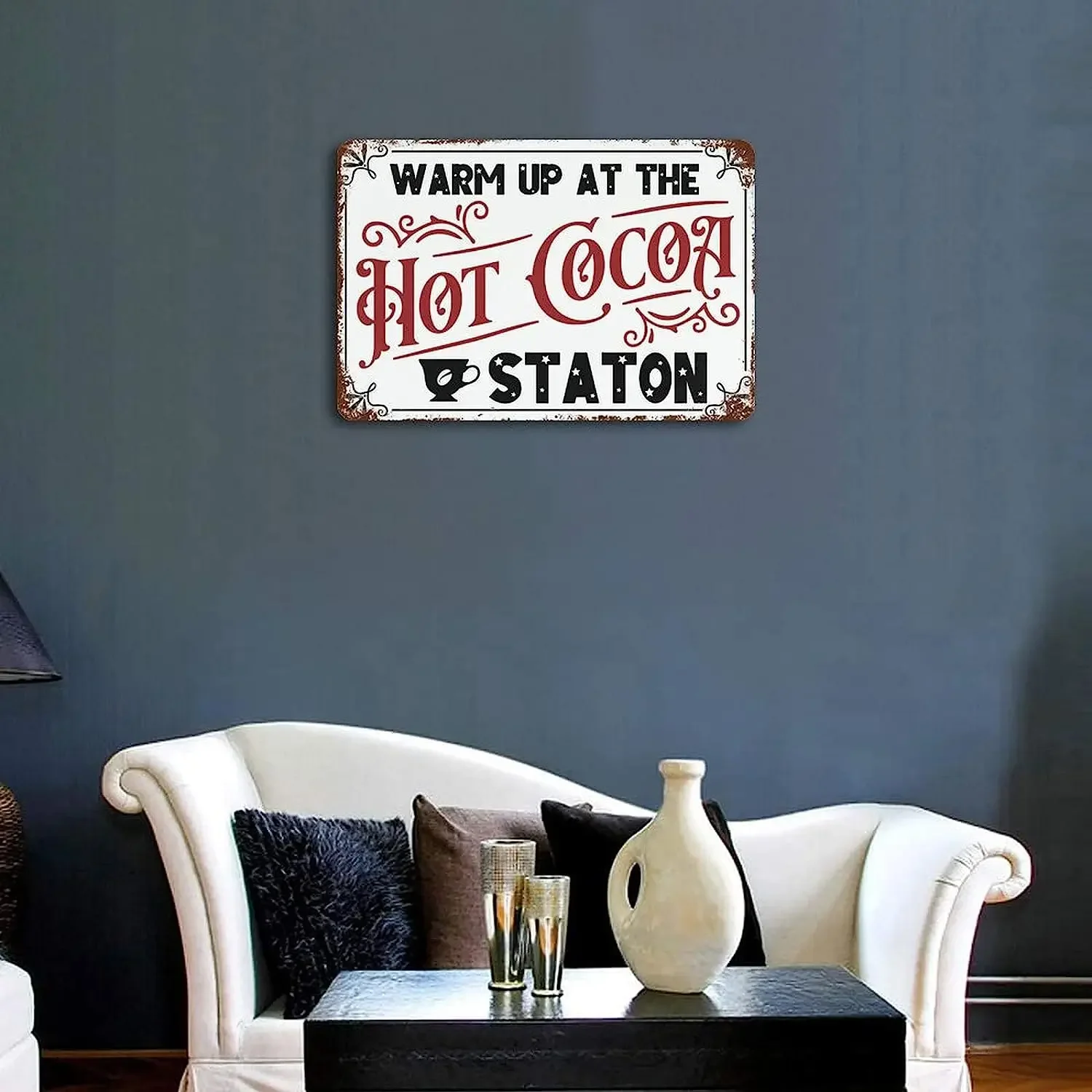 Warm Up At The Hot Cocoa Station Metal Tin Sign Farmhouse Christmas Decor Vintage Retro Poster For Kitchen Cafe Bar Home