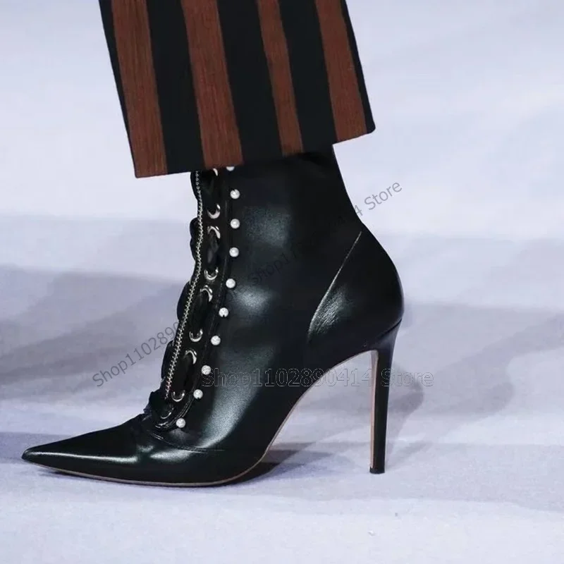 

Pearl Zipper Decor Black Pointed Toe Boots Front Zipper Women Shoes Thin High Heels Novel Fashion Sexy 2023 Zapatos Para Mujere