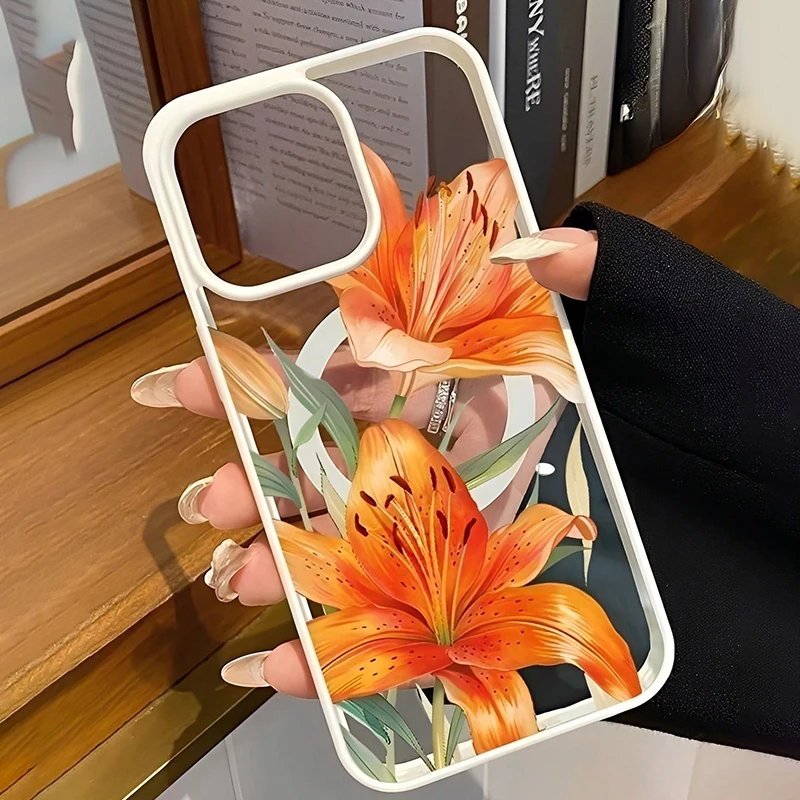 Orange Lily-Patterned Magnetic Phone Case For Samsung Galaxy S26 Plus S25 FE S24 S23 Ultra A17 A37 A57 A56 A55 A54 A26 A36 Cover