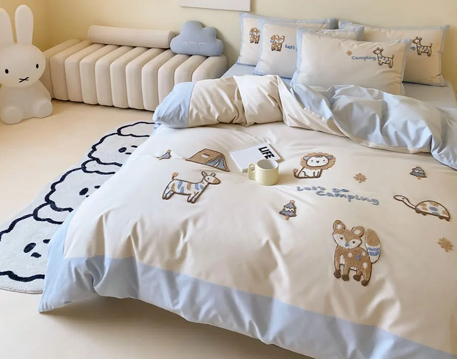 Cute embroidery lion fox zebra bedding set kid,twin full queen king lovely cotton home textile bed sheet pillow case quilt cover