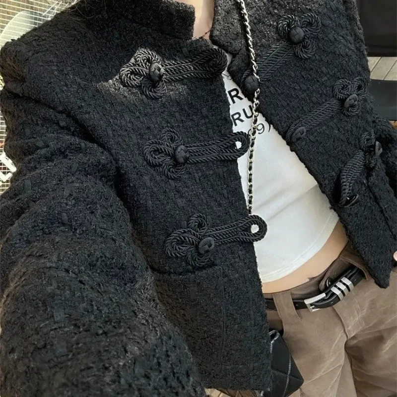 

Черное пальто в неокитайском стиле для женщин, осень 2023, новые однобортные куртки-кардиганы Y2k, вязаные топы с длинными рукавами Mujer