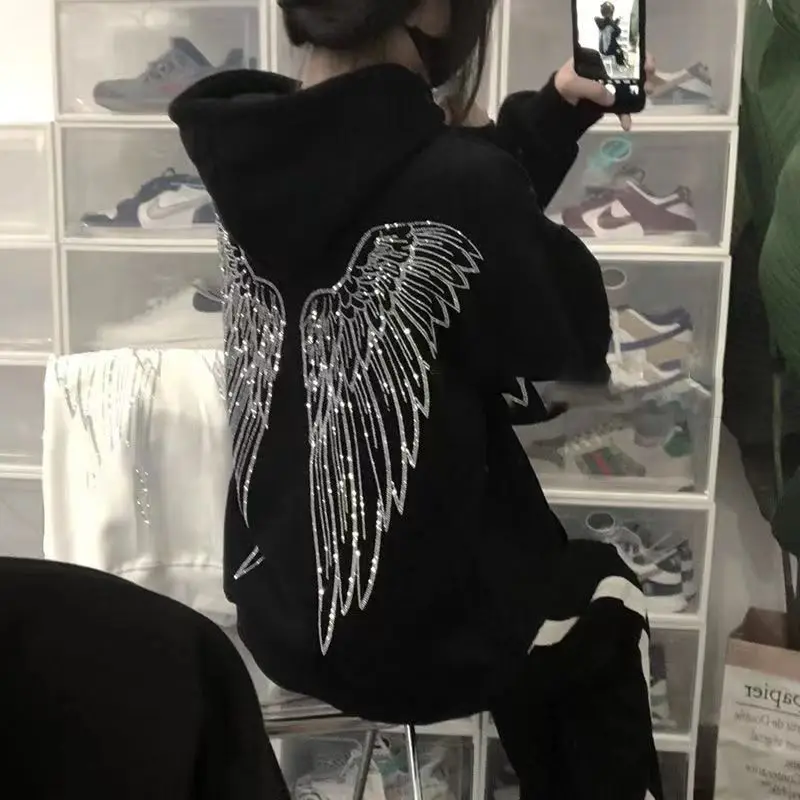 

Женские худи с графическим принтом и пайетками Diamonds Wings, одежда в стиле Y2K, женские толстовки с капюшоном, весенне-осенняя женская одежда, пуловеры в стиле 2000-х