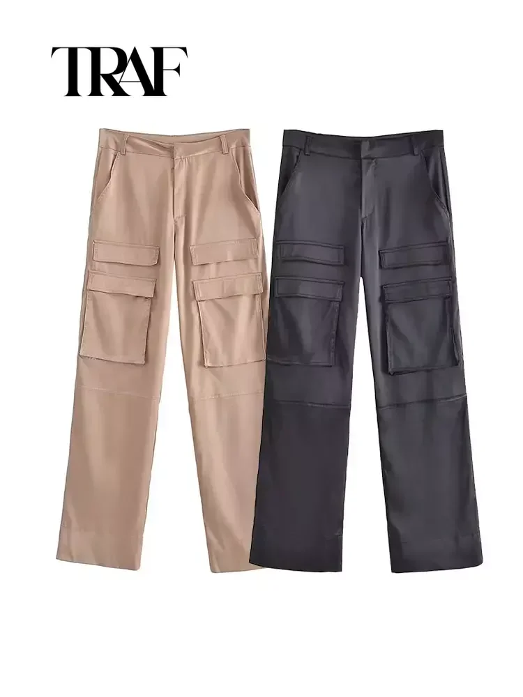 

TRAF Women Fashion With Pockets Satin Cargo Pants Vintage High Waist Zipper Fly Female Trousers Mujer