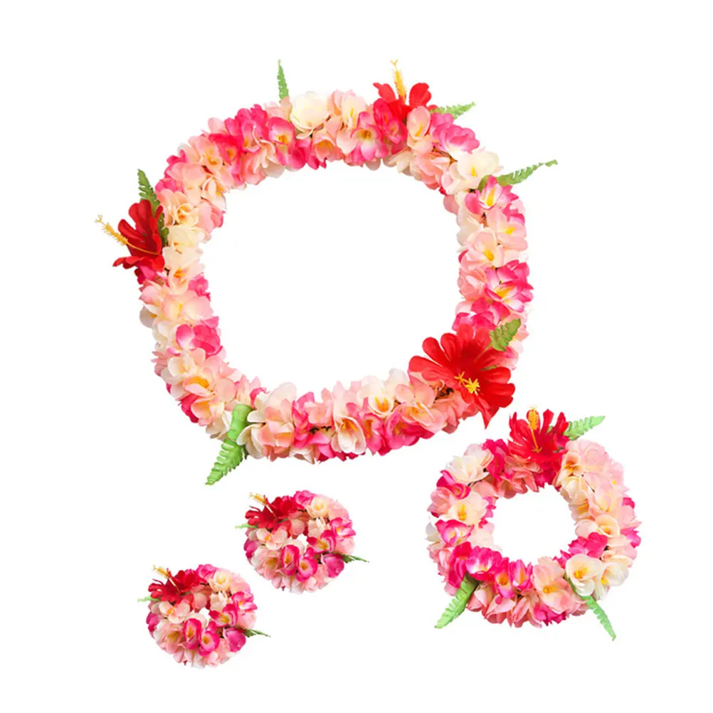 

4pcs Hawaiian Floral Wreath Set Artificial Flower Headband Necklace Bracelets Lifelike Tropical Party Accessories For Luau