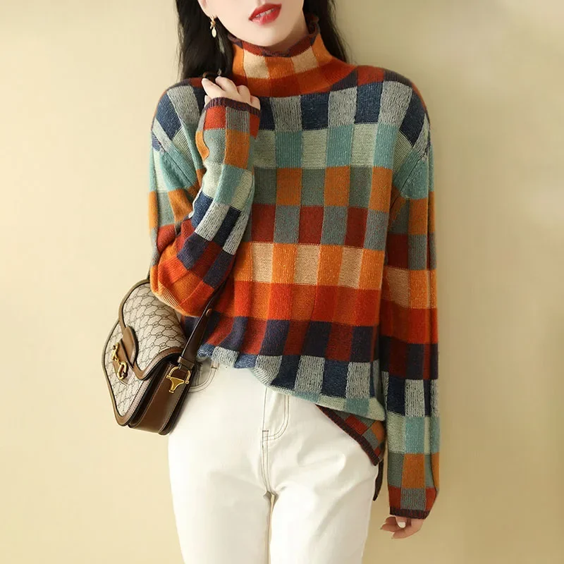 

Winter Vintage Sweater Women Geometry Y2k Knitted Turtleneck Jumper Korean Fashion All Match Long Sleeve Female Pulls Pullovers