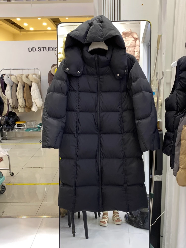 여성용 푹신한 다운 재킷 겨울 롱 후드 파카 2025 신상 두꺼운 따뜻한 루즈핏 오버사이즈 솔리드 컬러 90% 화이트 덕다운 푸퍼 코트