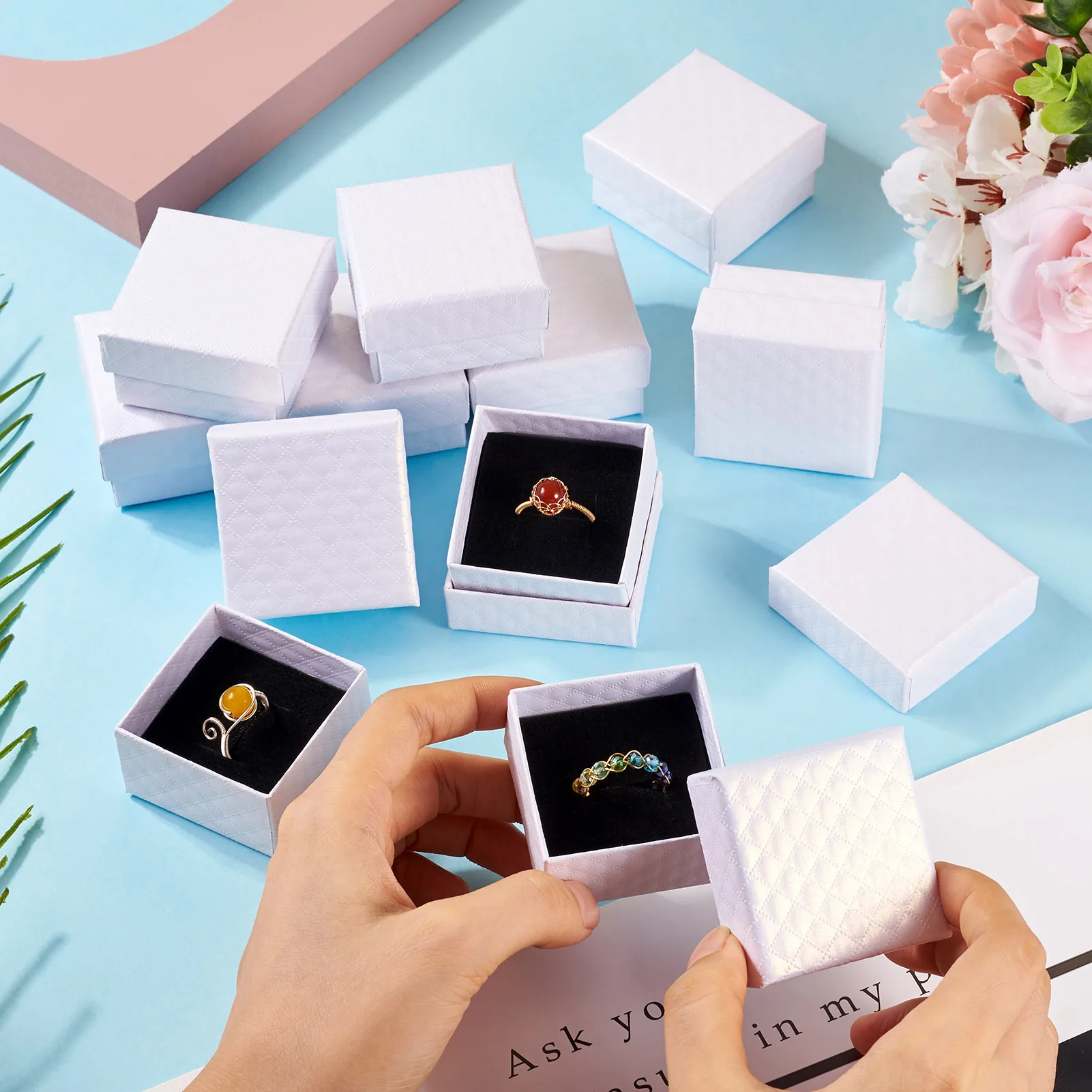 12pcs 5x5x3cm Rhombus Textured Cardboard Ring Gift Storage Boxes Finger Ring Package Supplies Square for Dosplay Jewelry Ring
