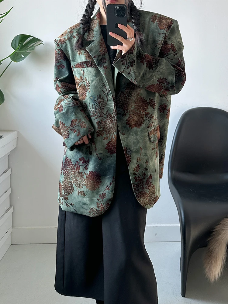 SuperAen 2024 Vintage Flocked Jacquard Suit Overcoat Spring Autumn Loose Shoulder Blazer Women