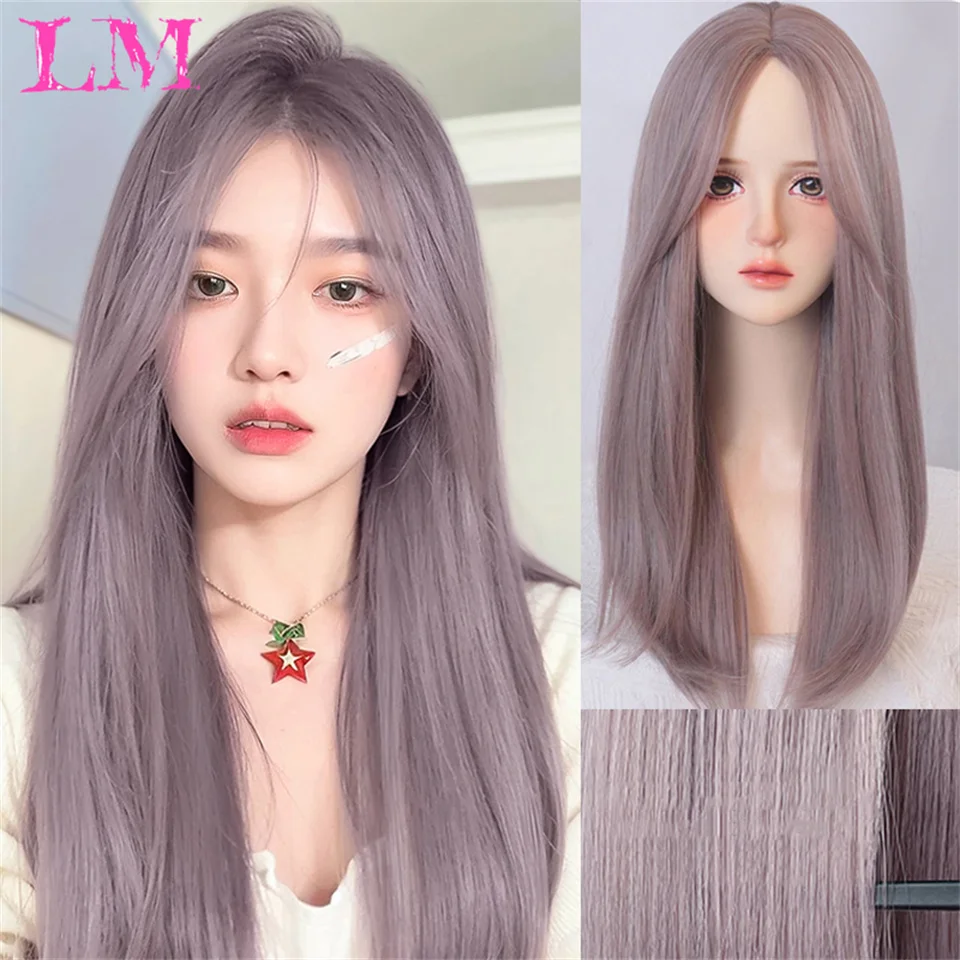 

LM Long Straigjt Pink Wigs for Women Daily Party Costume Synthetic Hair Wig with Bangs Halloween Costume Carnival Lolita Wig