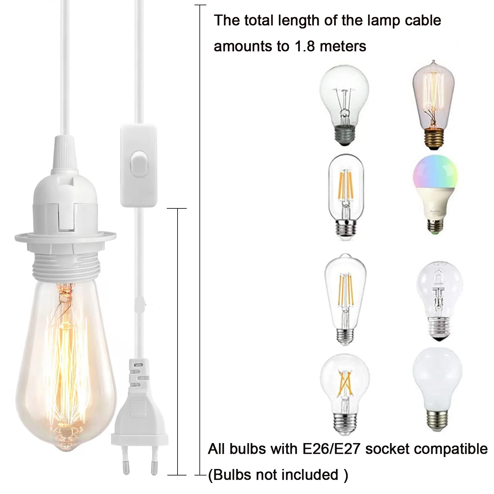 Wtyczka UE 1.8m 3.5M kable zasilające E27 pełne zęby uchwyt podstawy lampy do połowy zębów z przełącznikiem do lampa wisząca oprawy wiszącej