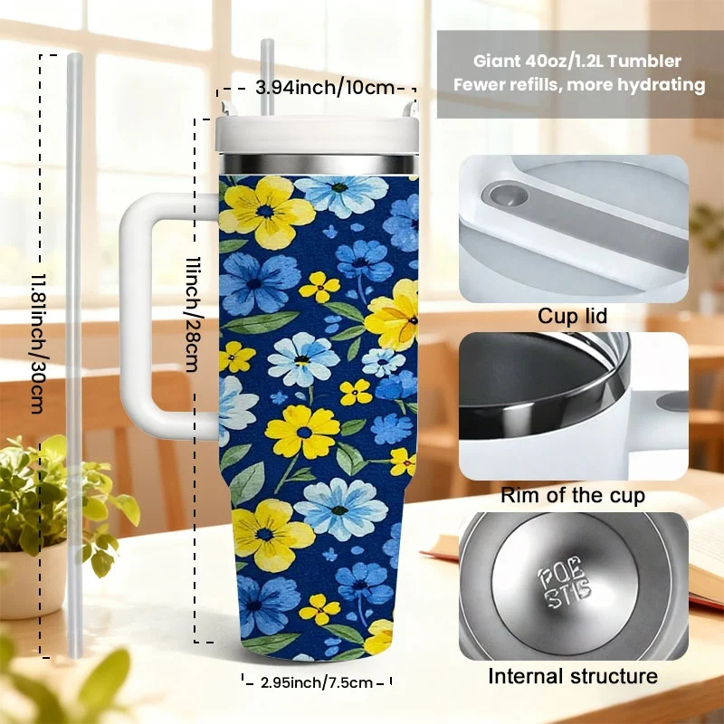 Stainless Steel 40oz Insulated Tumbler, Vibrant Floral Digital Print on Deep Blue Background, Reusable Leakproof Beverage Cup for Keeping Drinks Hot or Cold, Ideal for Office Commute, Outdoor Activities & Daily Use