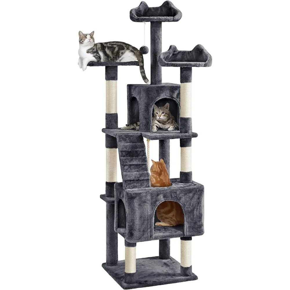 

XL Cat Tree, 72in Multi-Level Cat Tower with 2 Cozy Caves, 3 Soft Perches, Scratching Posts, Board, and Dangling Ball,