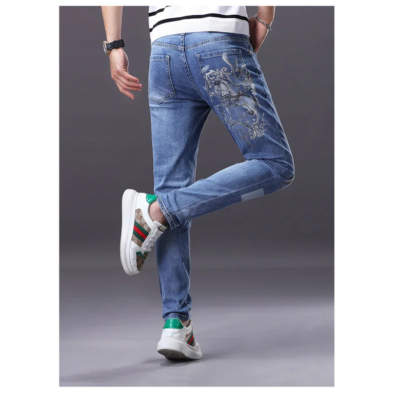 

8836 American high street retro printing jeans men's models Slim small feet elastic casual versatile fried street