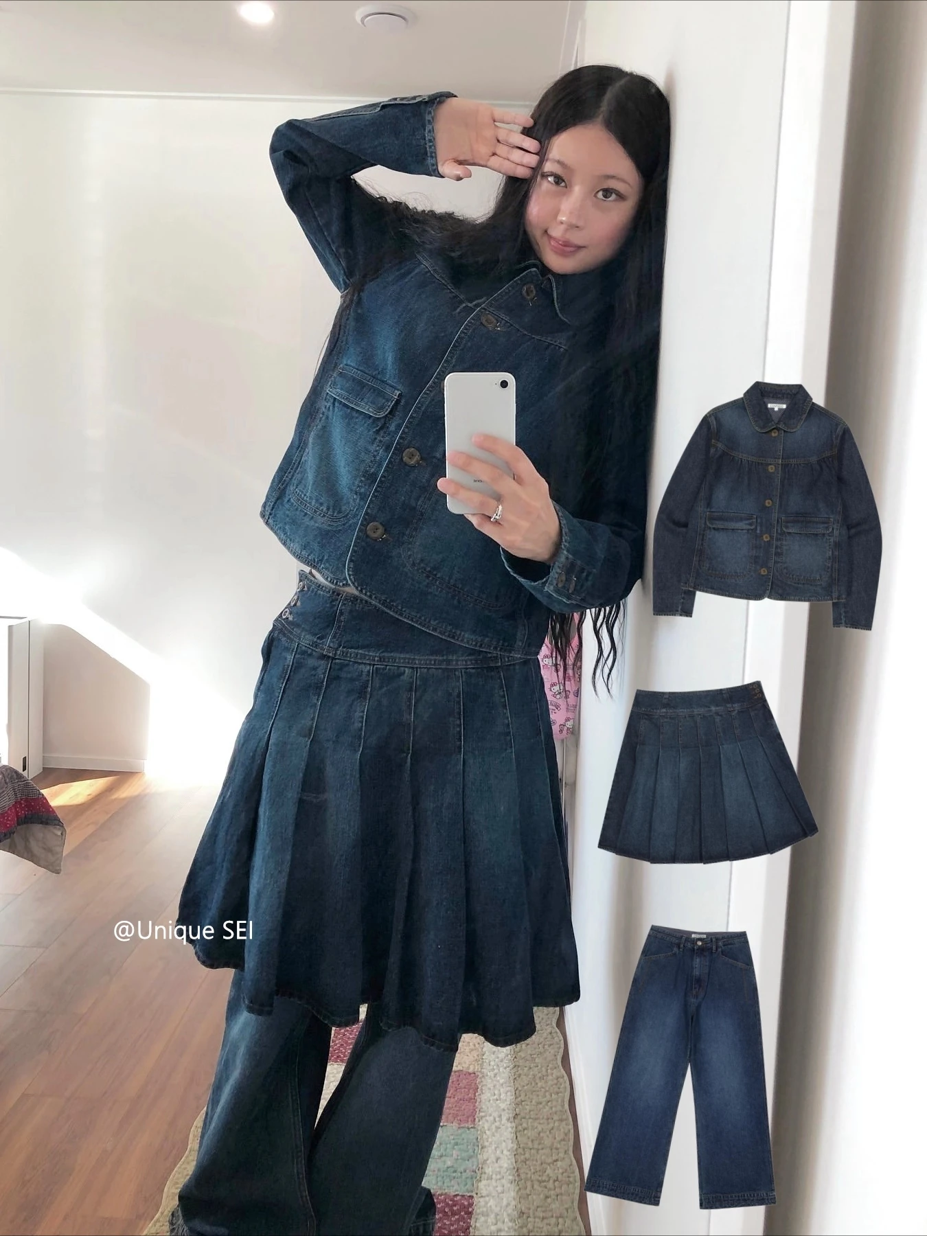 

Korean Vintage Washed Turndown Collar Denim Jacket + Pleated Skirt + Casual Pants 3 Piece Sets Womens Outfits Designer Y2k Suits