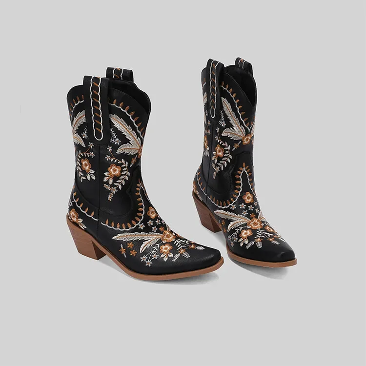 

Embroidered Retro Square Toe Western Cowboy Boots Thick High Heel Mid-Calf Botines Bohemian Knight Long Botas Femininas