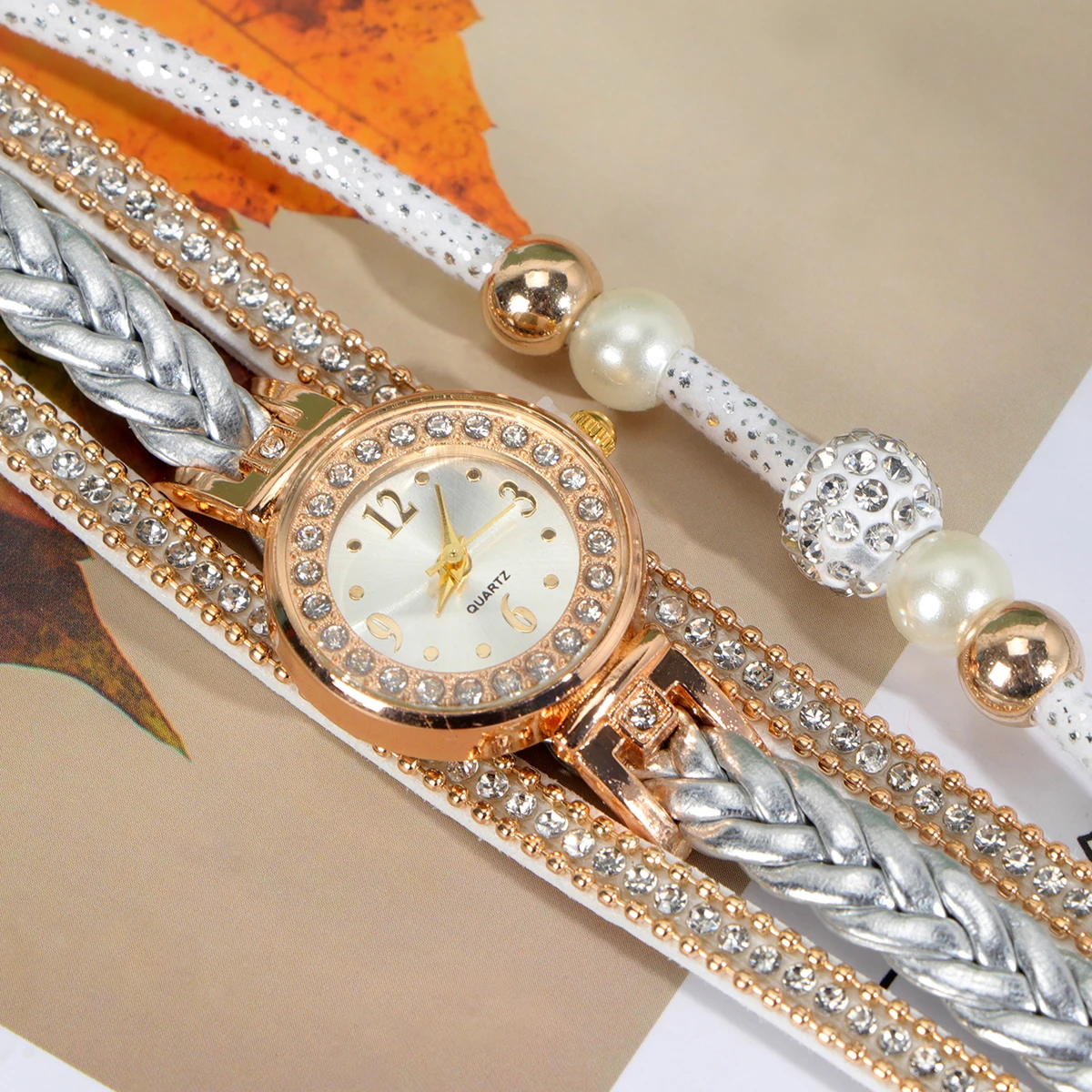 Rhinestone Women Braided Wrist Watch Fashion Quartz Watch Wrist Chain White Unique Design Durable Safe Material Creative
