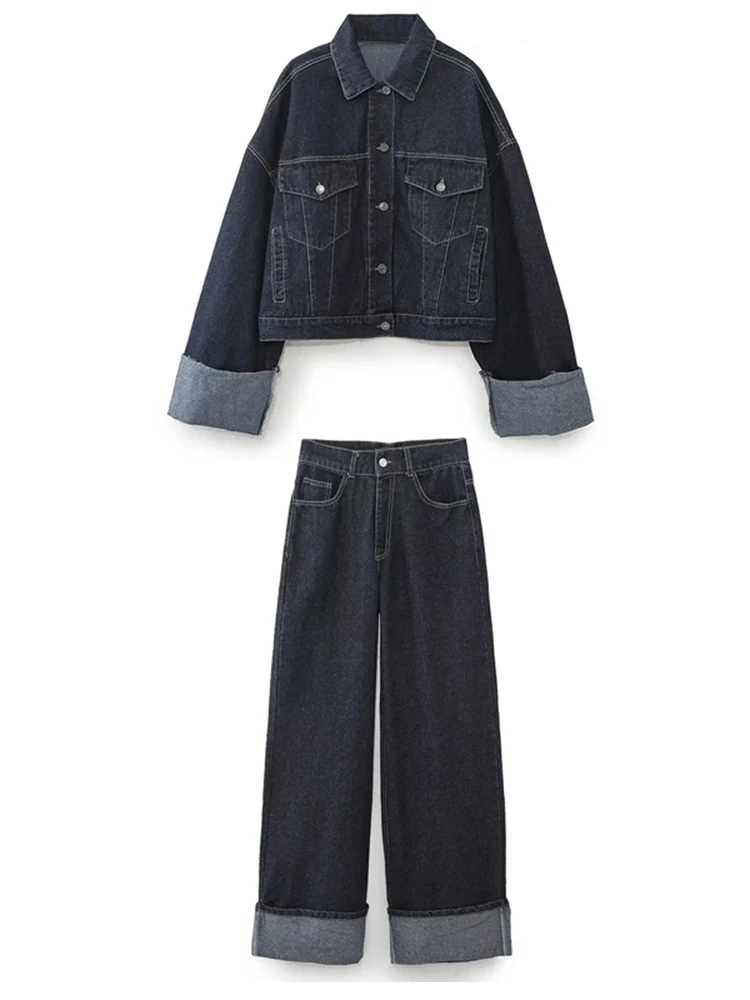 

KUCLUT Women Fashion 2 Piece Set With Pocket Denim Solid Jackets & Vintage Front Zipper Trousers Feamle Chic Lady Pants Sets