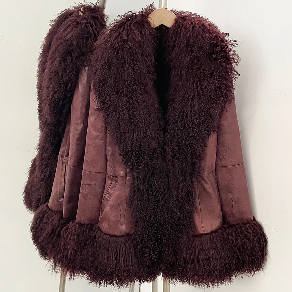 OFTBUY New Winter Warm Curly Mongolia Sheep Fur Jacket Women Vintage Shearling Coat Slim Faux Suede Real Rabbit Fur Clothing