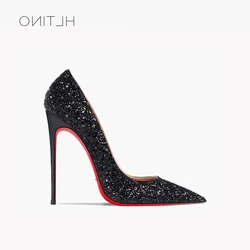 New Women Red Bottom Shoes with Sequinces 12cm Pointed Toe Genuine Leather Pumps Women's Sexy High Heeled Shoes 2022 Spring