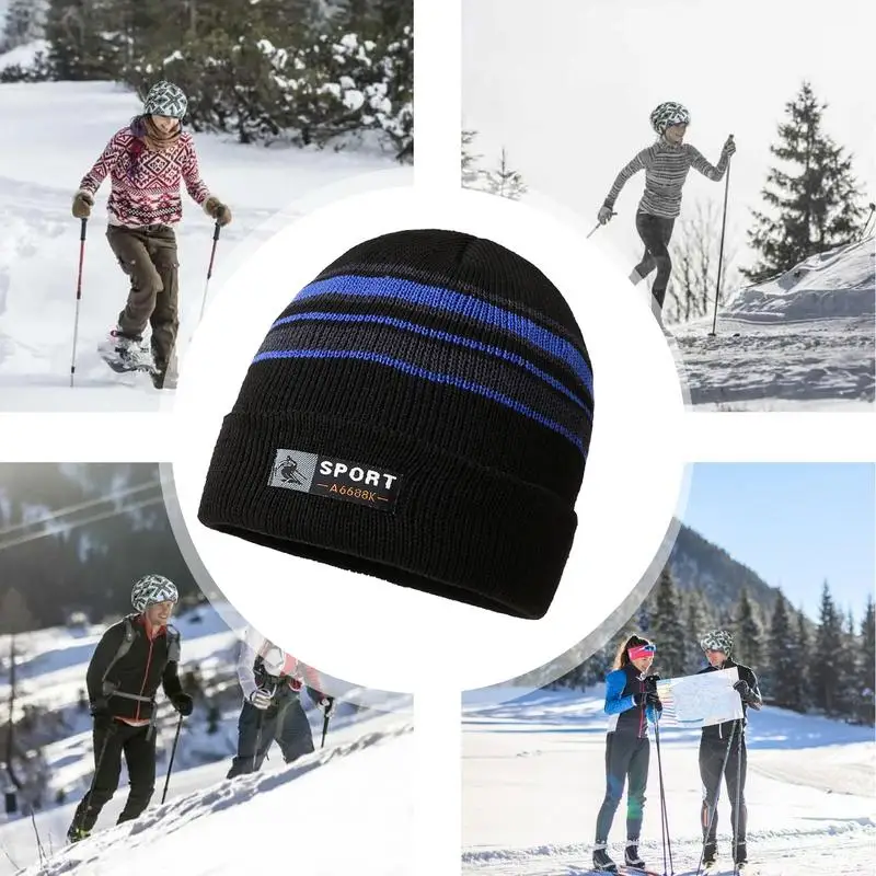 Beanie Hangat untuk Wanita Beanie Bermanset Rajutan dengan Desain Garis Topi Musim Dingin Wanita Topi Rajut Beanie Nyaman untuk Ski Kebugaran