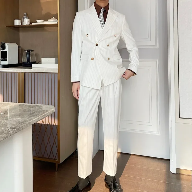 

White Double Breasted British Designer Suit Two Piece Wedding Party Suit Groom Banquet Men Suit Slim Fit Costume Homme Mariage