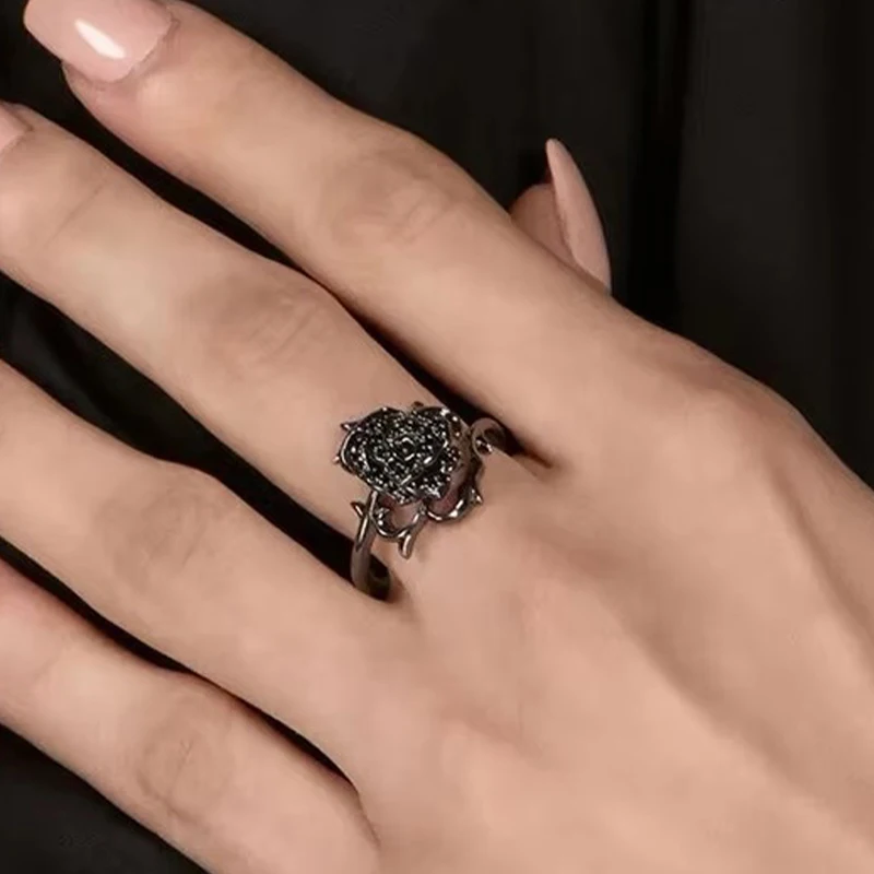 Huitan Neuartige schwarze Blumenringe für Frauen, einzigartige, wunderschöne persönliche Fingeraccessoires, eleganter, attraktiver Ehering-Schmuck