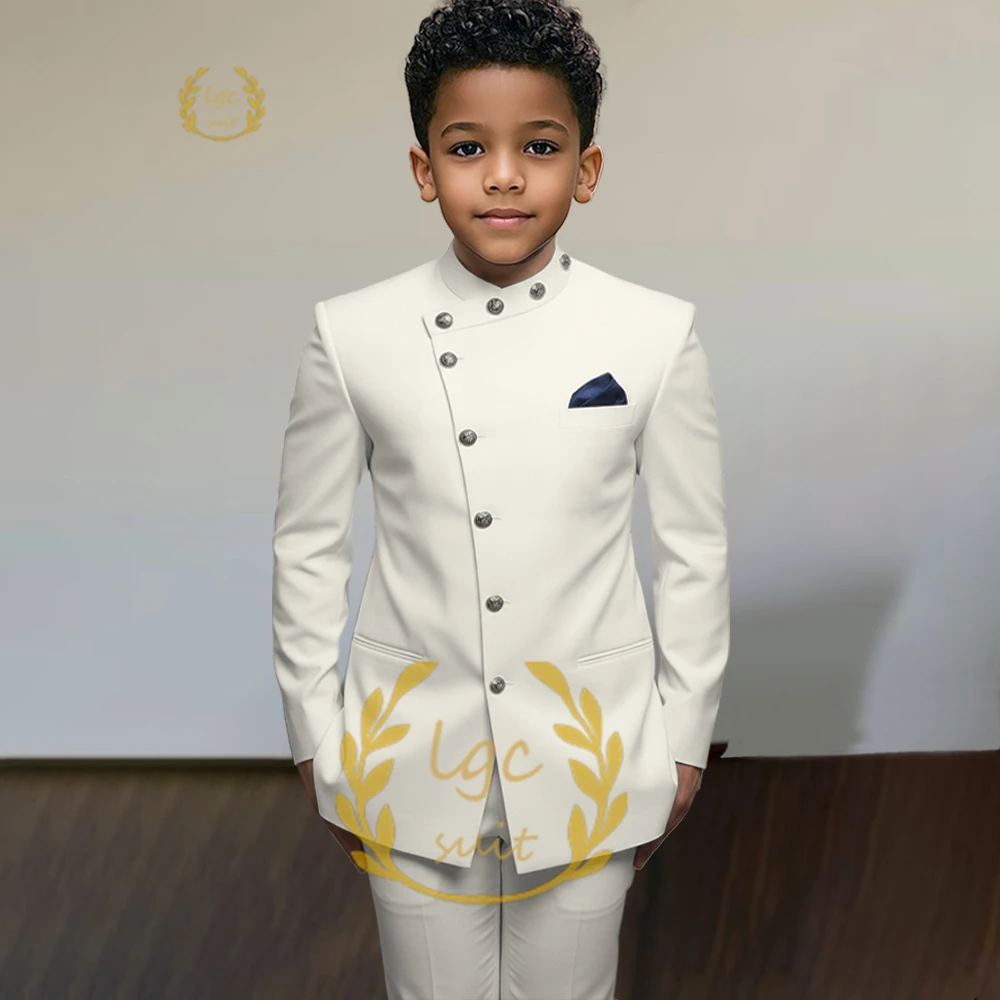 

Boys' Custom 2-Piece Bandhgala Suit – Stand Collar Asymmetric Button Blazer & Matching Trousers for Weddings & Formal Events