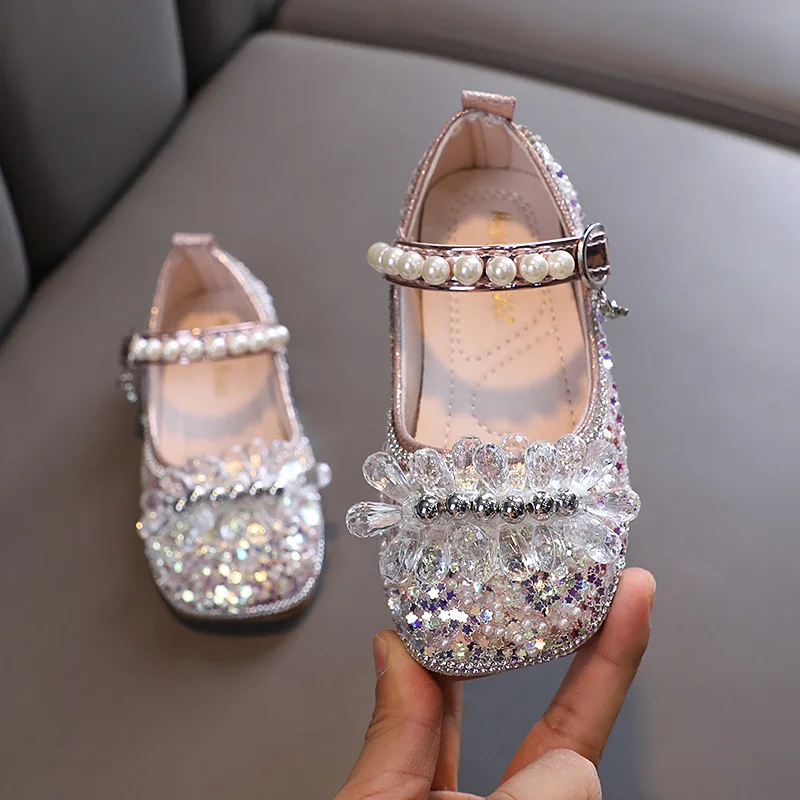 

New Girls Shoes Princess Cute Sequins Bow Pearl Baby Girl Shoes Soft Bottom Kids Party Shoes Pink Silver Gold J04