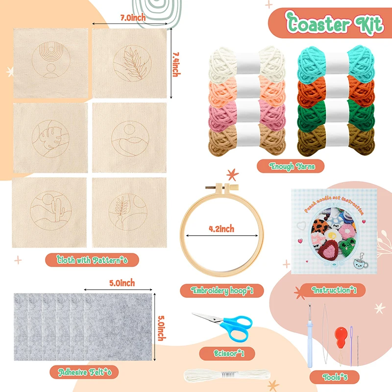 22Pcs Punch Needle ricamo Kit fai da te cuciture sottobicchieri Needlecraft Boho Pattern trapuntato tappetini con filati di feltro per principianti