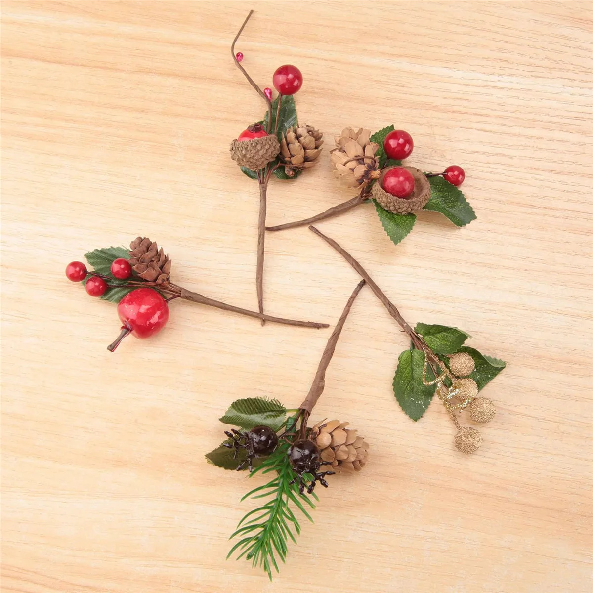 15Pcs Red Christmas Berry and Pine Cone Picks with Holly Branches for Holiday Floral Decor Flower Crafts