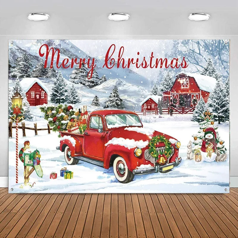 

Christmas Xmas Tree Farmhouse Rustic Backdrop Banner Red Car Snowflakes Photo Photography Background Merry Christmas Decorations