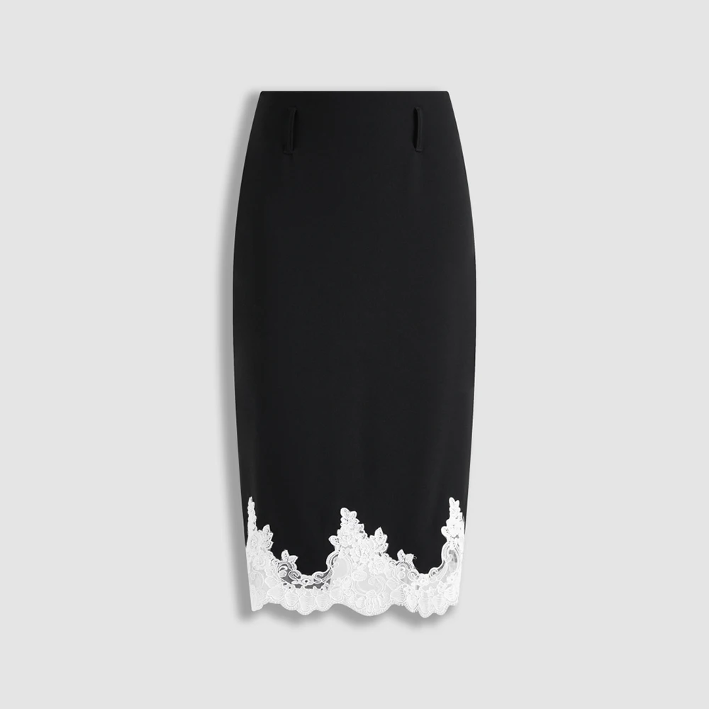 Women High Waist Acetate Blend Pencil Midi Skirt Floral Lace Scalloped Hem Splicing Bodycon Elegant Office Party Skirts