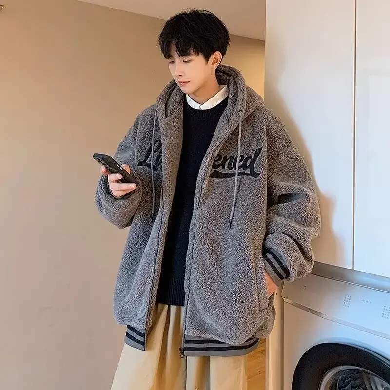 

Winter Youth Lamb Fur Sweatshirt Men's Retro Loose Cotton Jacket Trendy Warm Open Cardigan Couple Style Outerwear