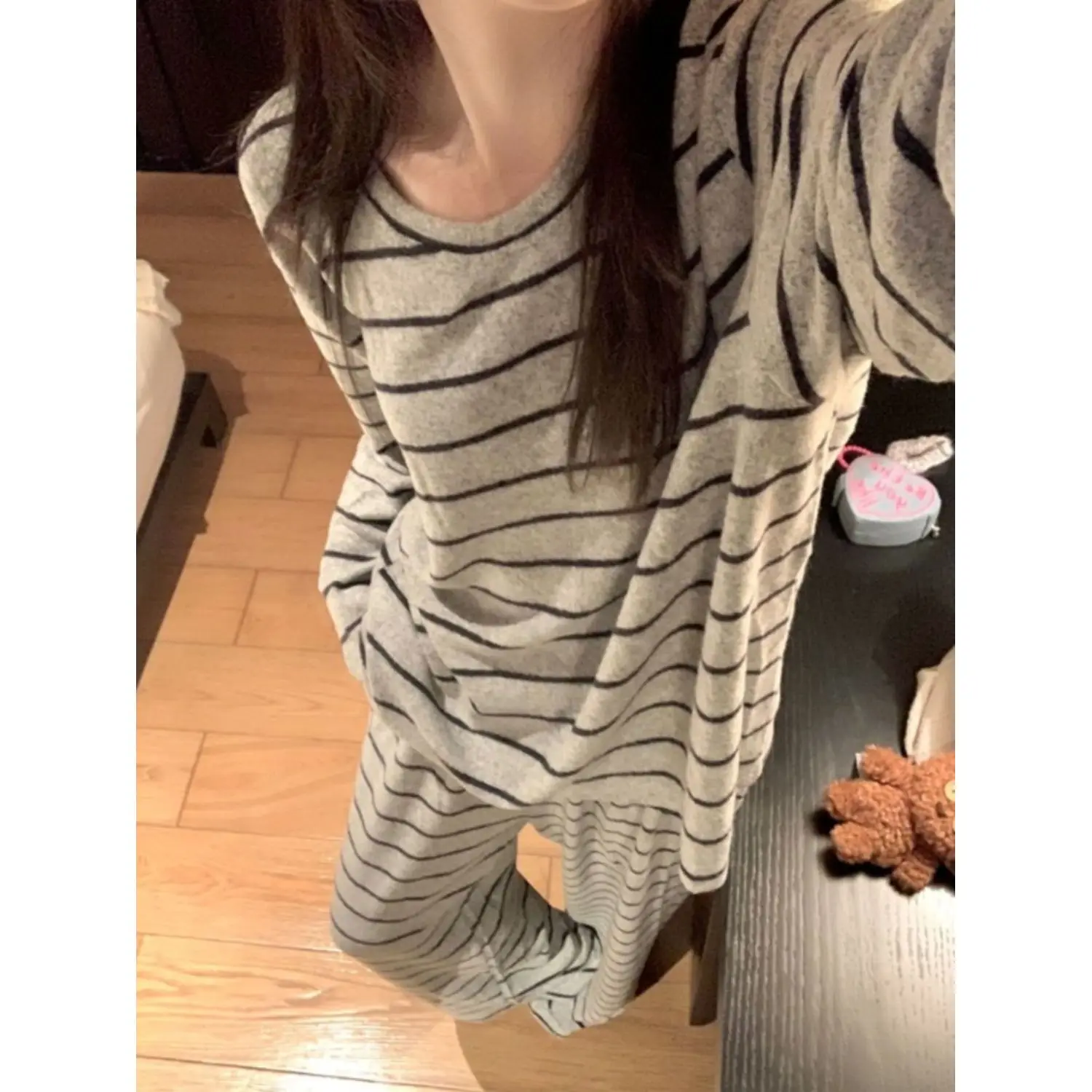 Home Leisure Fleece Long Sleeve Long Pants Striped Sleepwear Comfortable Soft Polyester Blend Anti-Static round Neck Overhead