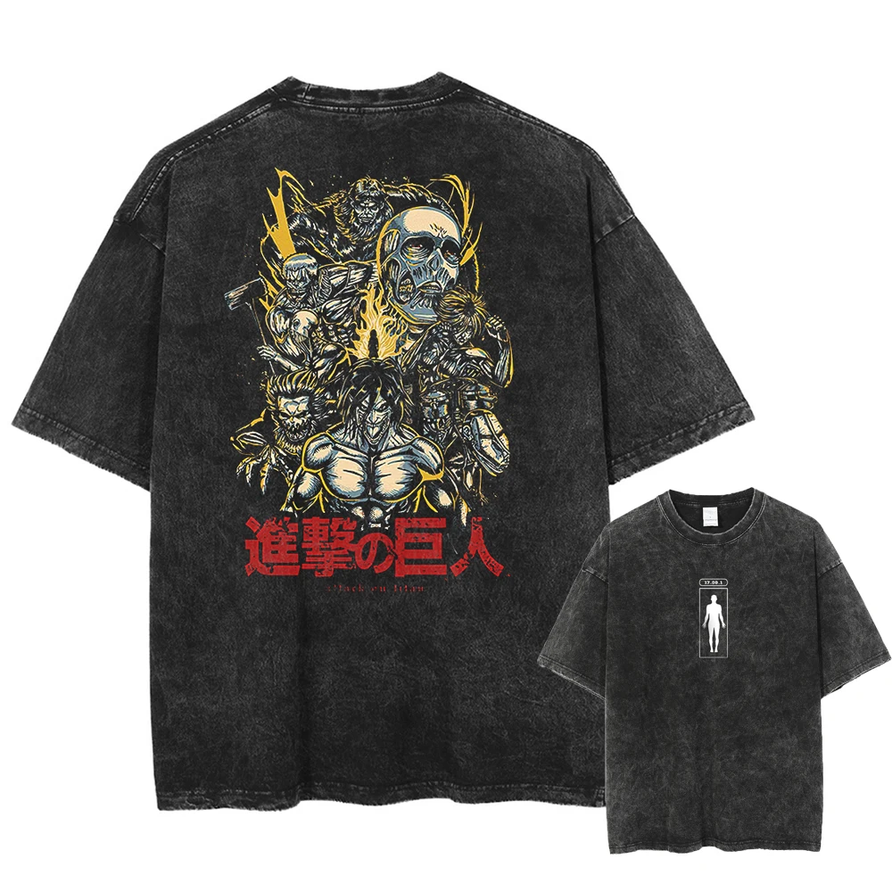 Hot Anime Attack on Titan Eren Jaeger Graphic Washed Tee Men Manga Oversized T-shirts Washed Cotton Tshirt Harajuku Male T Shirt
