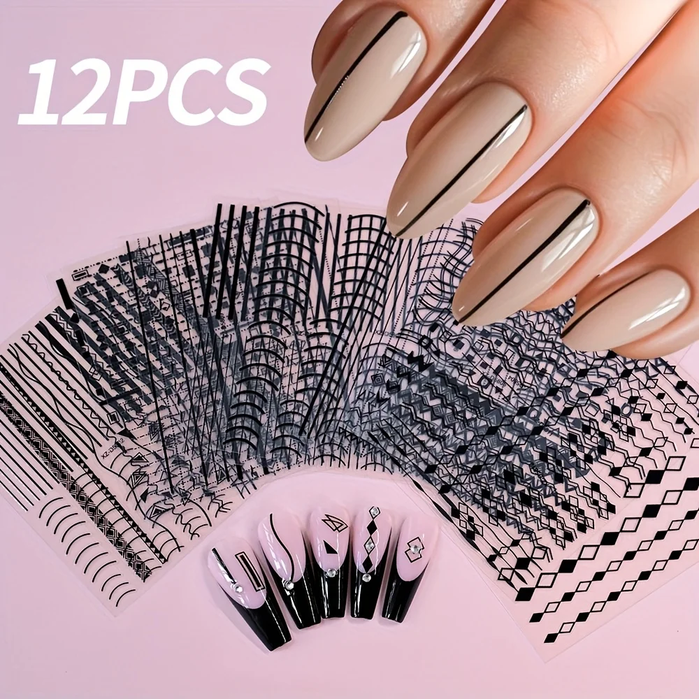 สติกเกอร์สีดำและสีขาวแบบมันเงาแบบติดเอง 12 ชิ้น - ลายเส้น 3 มิติและลวดลายเรขาคณิต สติกเกอร์ติดเล็บ DIY ที่ใช้งานง่าย