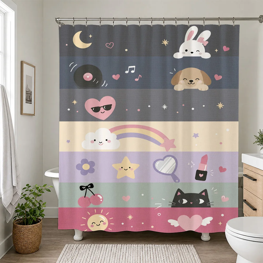 Cute Kawaii Cartoon Shower Curtain Nursery Bathroom Decor Rainbow Animals Stars Moon Fun Kids Shower Curtain