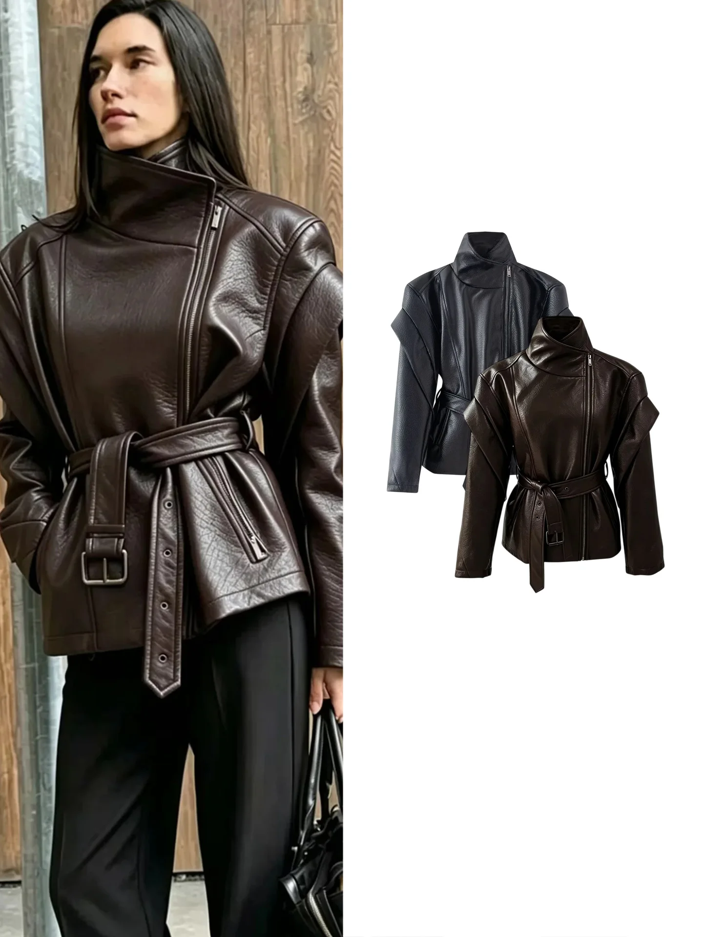 Fall New Arrival Women's Retro Style High Collar Long Sleeve Side Zip Adjustable Waist Belt Short Jacket Coat Polyester Fiber